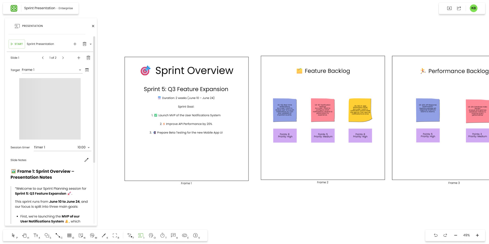 Sprint Planning Presentation in MeetVista Screenshot of a sprint planning presentation in MeetVista, showing slides for Sprint Overview, Feature Backlog, and Performance Backlog.