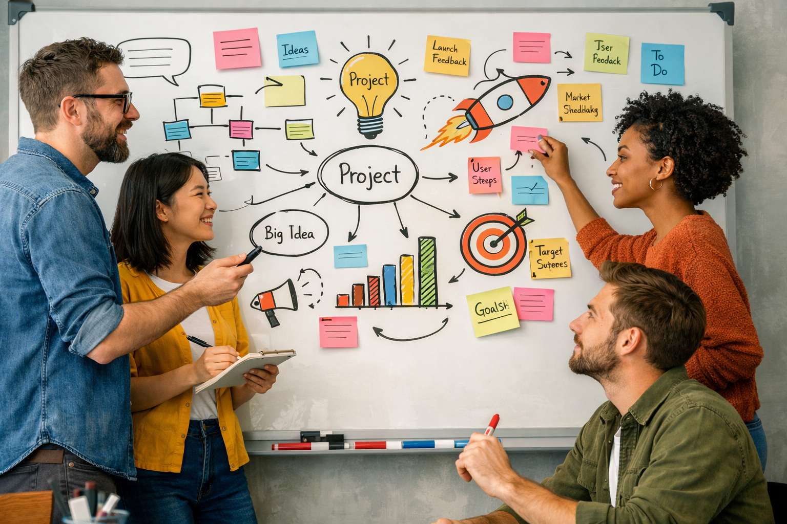 Team collaborating on a visual whiteboard inside monday.com using MeetVista to plan sprint goals, map dependencies, and align project priorities.