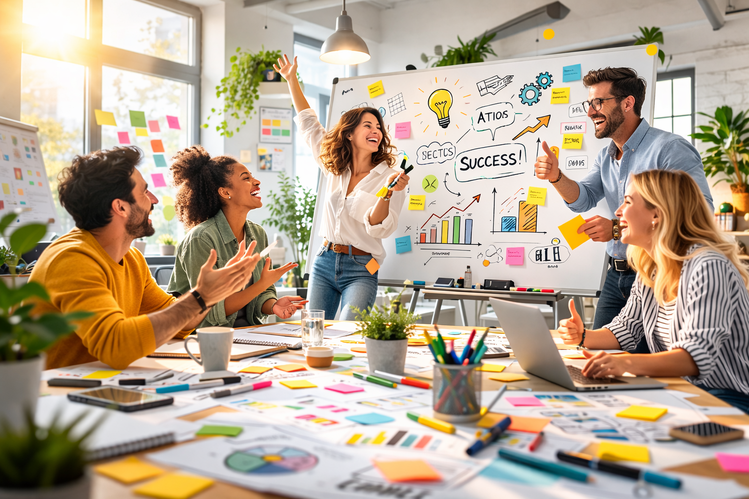 Agile team celebrating sprint success using MeetVista inside monday.com boards for visual planning, goal tracking, and team alignment.